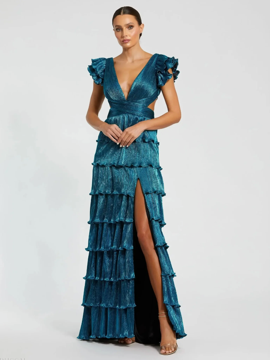 MAC DUGGAL - BLUE RUFFLE TIERED CRISS CROSS LACE UP GOWN (L)