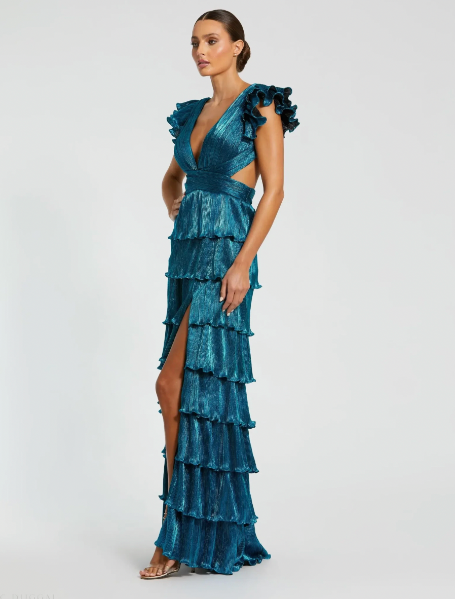 MAC DUGGAL - BLUE RUFFLE TIERED CRISS CROSS LACE UP GOWN (L)