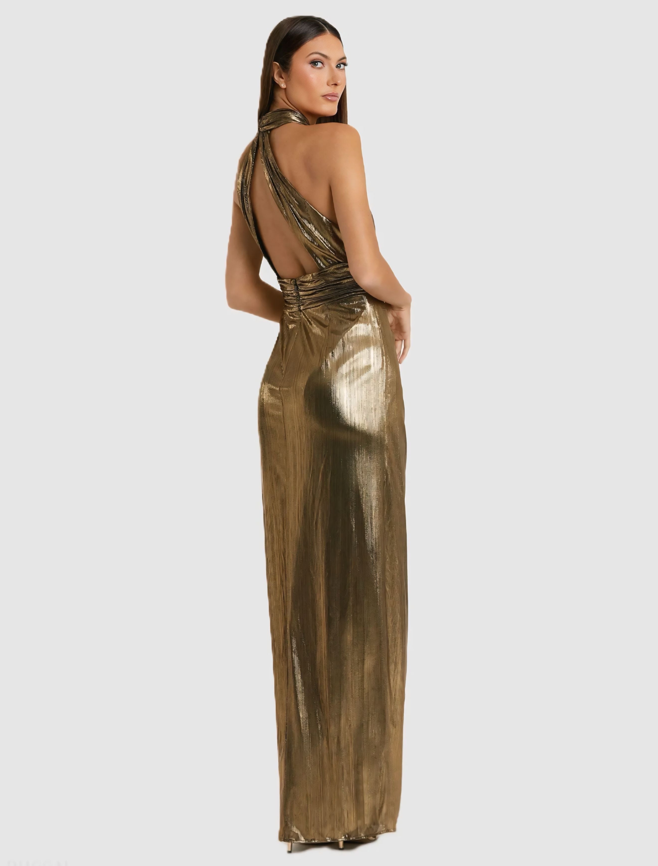 MAC DUGGAL - GOLD METALLIC CRISS CROSS HALTER NECK GOWN (L)